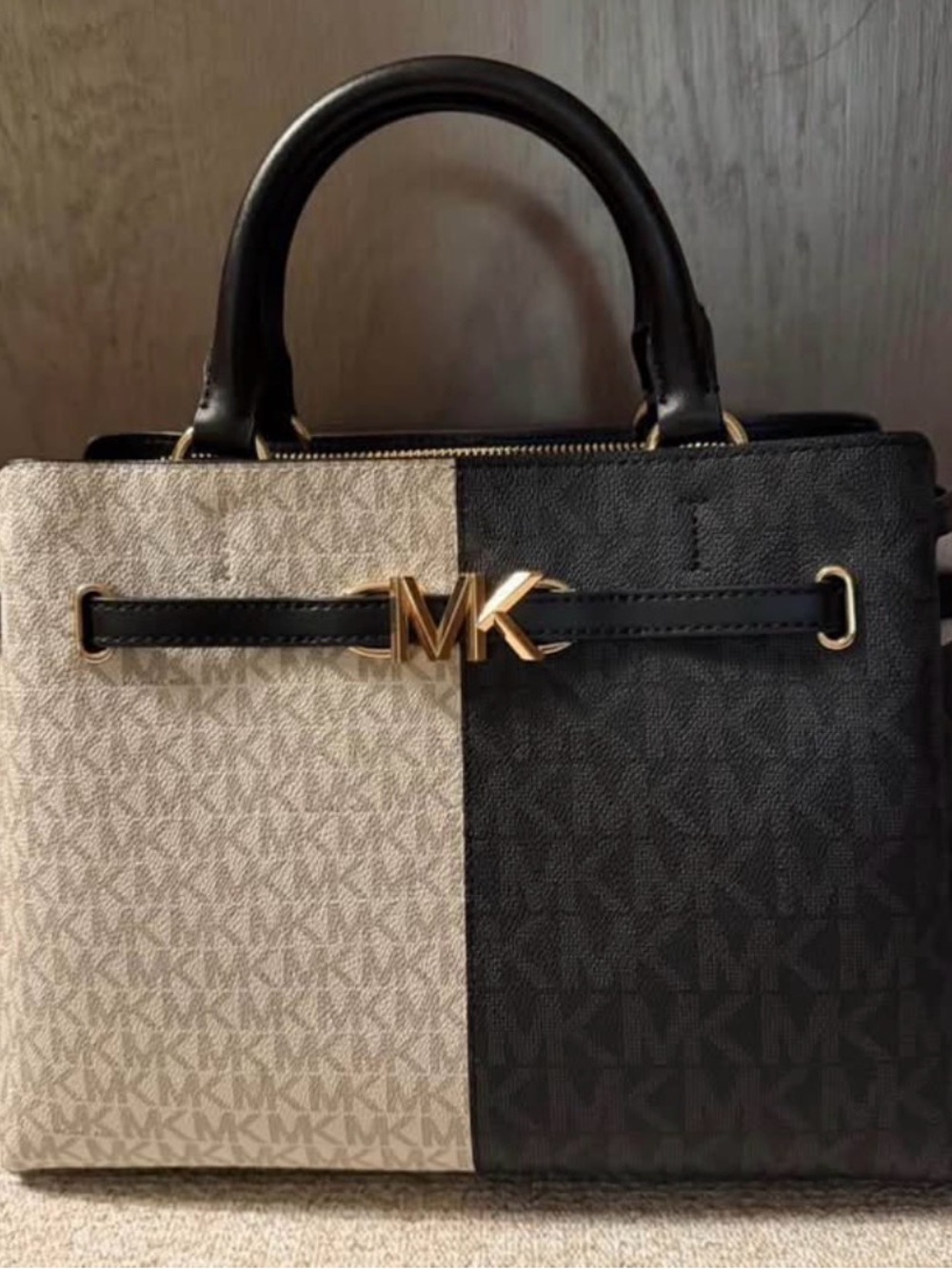 Michael Kors Two-Tone Black & Cream MK Logo Satchel with Gold Hardware